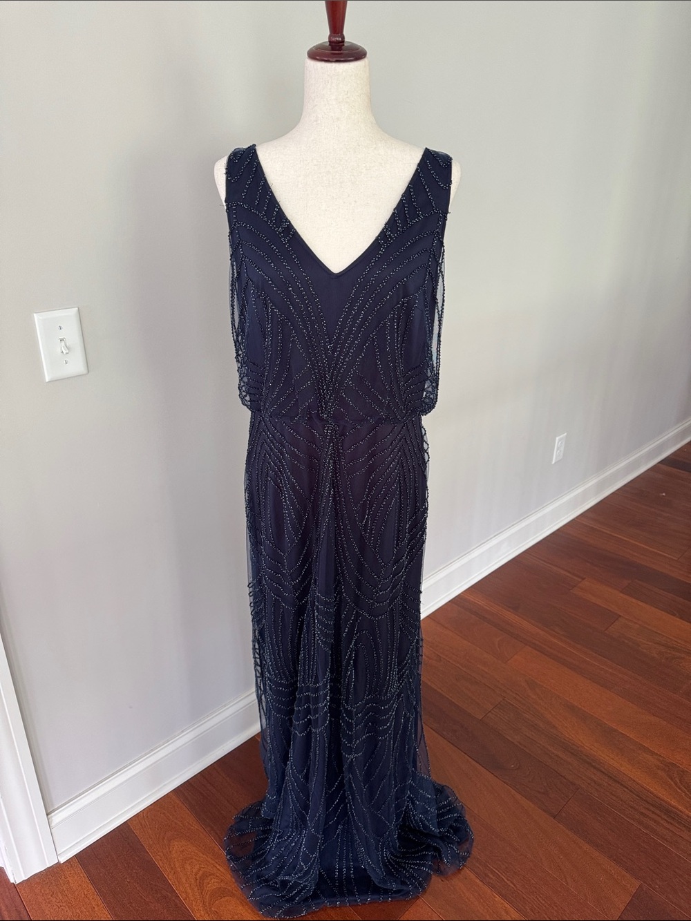 Navy Beaded V-Neck Maxi Evening Dress